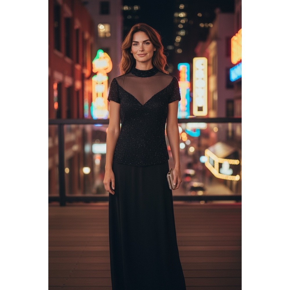 Elegant Black Sequin Top Chiffon Bottom Evening Dress Mock Neck Formal Size 8
